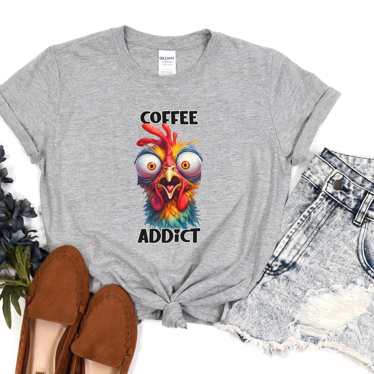 Coffee Addict Tee, Hilarious Chicken Lover Tee, Gildan Softstyle Tee 64000, Cute Gift for Her, Humorous T-Shirt, Chickens & Coffee, Women's