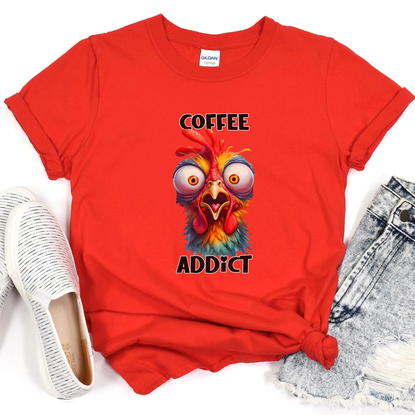 Coffee Addict Tee, Hilarious Chicken Lover Tee, Gildan Softstyle Tee 64000, Cute Gift for Her, Humorous T-Shirt, Chickens & Coffee, Women's