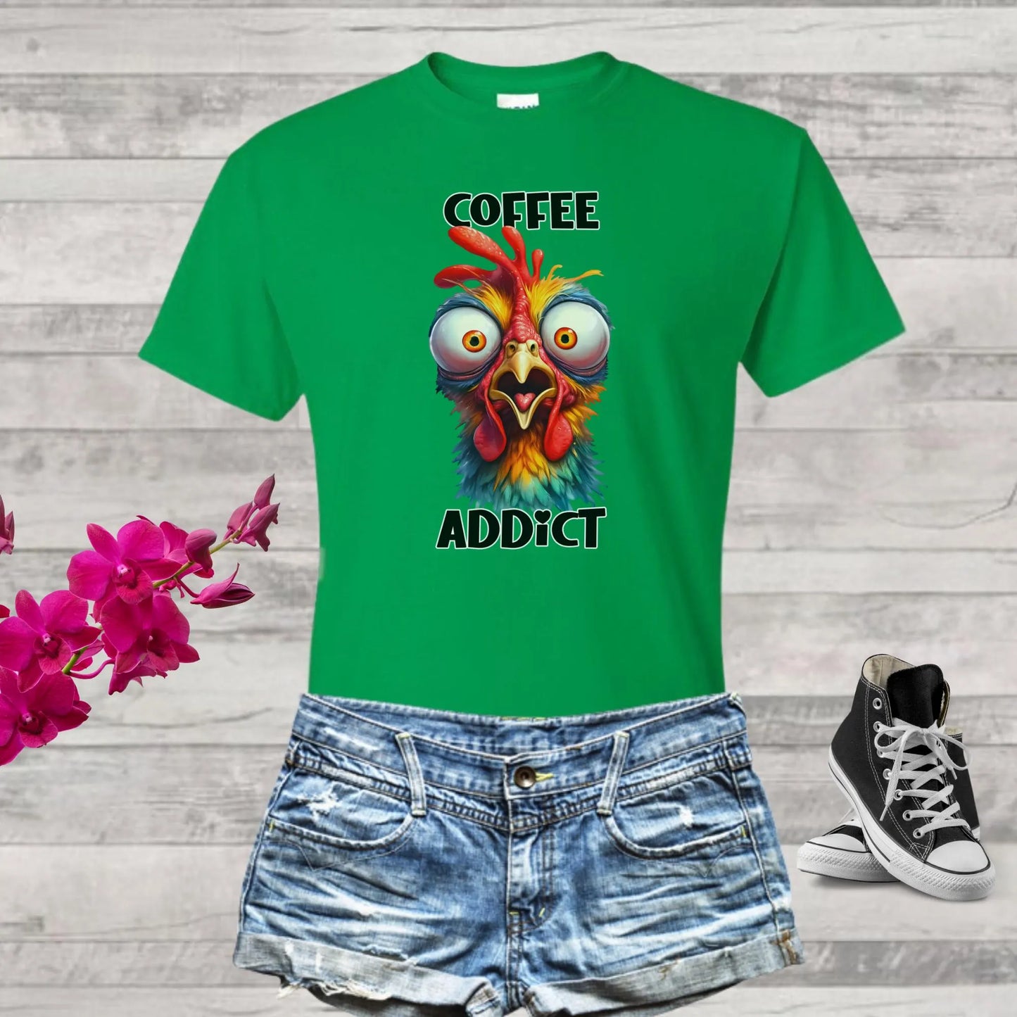 Coffee Addict Tee, Hilarious Chicken Lover Tee, Gildan Softstyle Tee 64000, Cute Gift for Her, Humorous T-Shirt, Chickens & Coffee, Women's