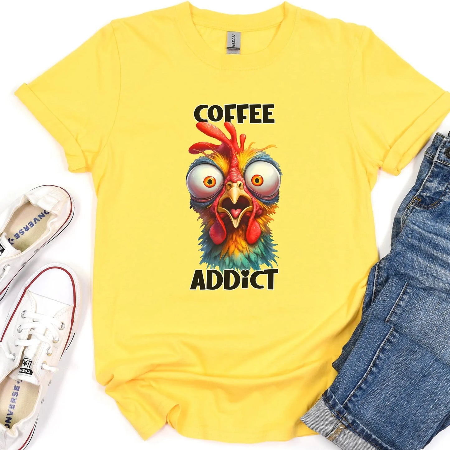 Coffee Addict Tee, Hilarious Chicken Lover Tee, Gildan Softstyle Tee 64000, Cute Gift for Her, Humorous T-Shirt, Chickens & Coffee, Women's