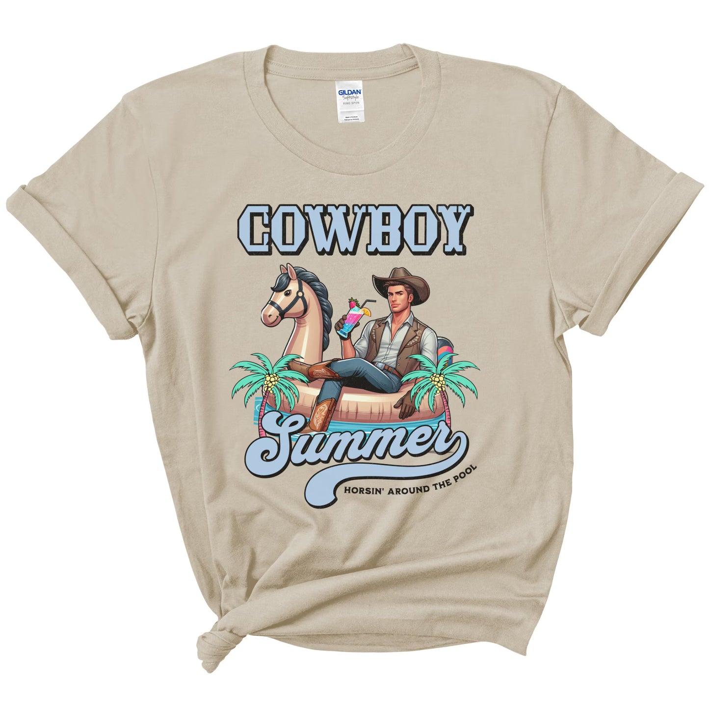 Funny Pool Party T-shirt - Cowboy on Inflatable Horse with Fruity Drink, Unique Gift for Her, "Cowboy Summer, Horsin' Around the Pool