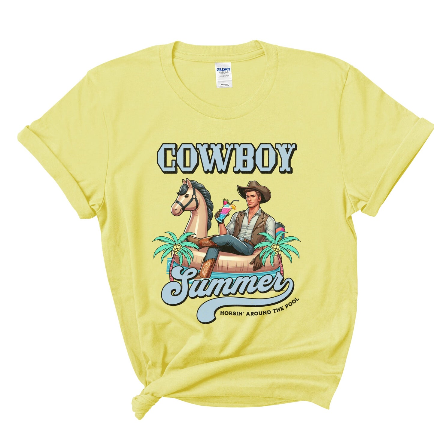 Funny Pool Party T-shirt - Cowboy on Inflatable Horse with Fruity Drink, Unique Gift for Her, "Cowboy Summer, Horsin' Around the Pool