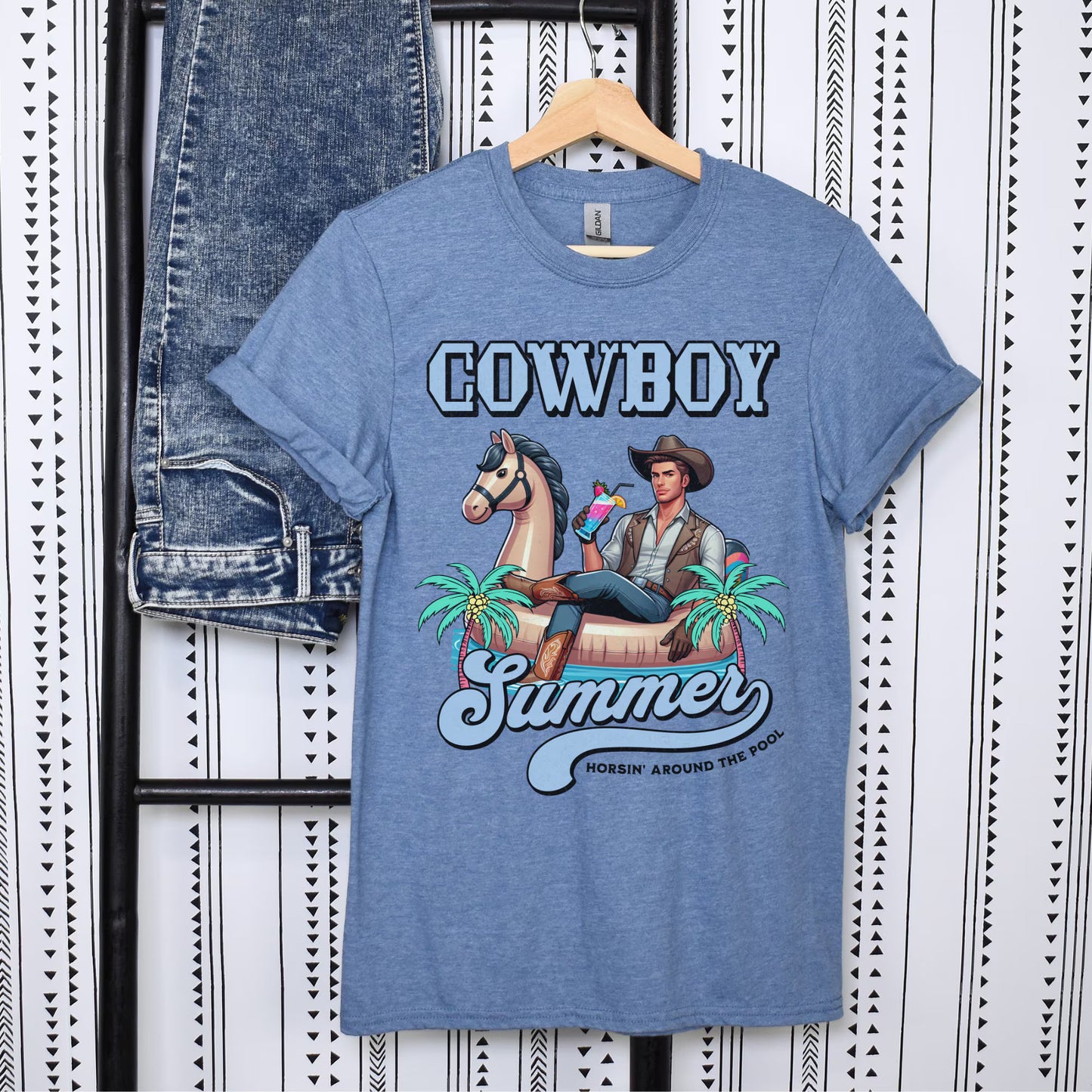 Funny Pool Party T-shirt - Cowboy on Inflatable Horse with Fruity Drink, Unique Gift for Her, "Cowboy Summer, Horsin' Around the Pool