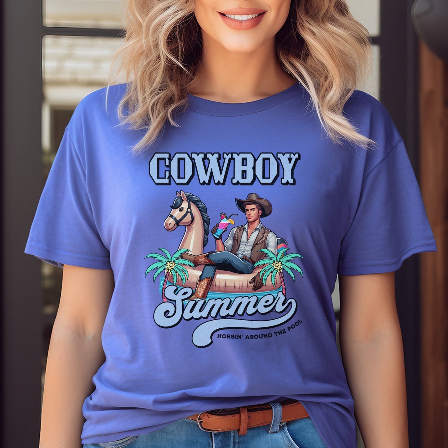 Funny Pool Party T-shirt - Cowboy on Inflatable Horse with Fruity Drink, Unique Gift for Her, "Cowboy Summer, Horsin' Around the Pool