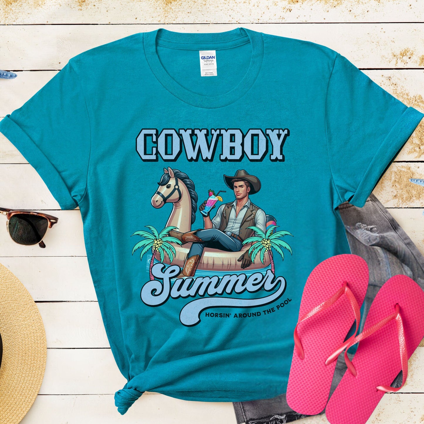 Funny Pool Party T-shirt - Cowboy on Inflatable Horse with Fruity Drink, Unique Gift for Her, "Cowboy Summer, Horsin' Around the Pool