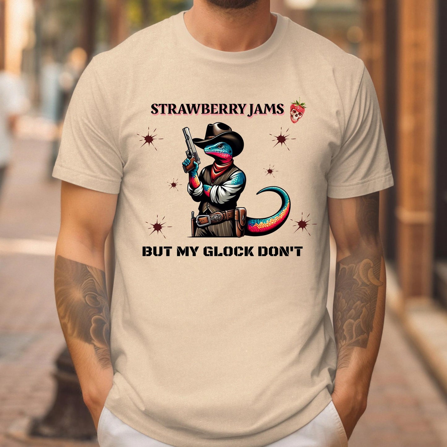 Funny Tee "Strawberry Jams But My Glock Don't", Funny Lizard T-Shirt,  Gildan 64000 Soft Style Tee, Funny Meme Tee, Unique Gift