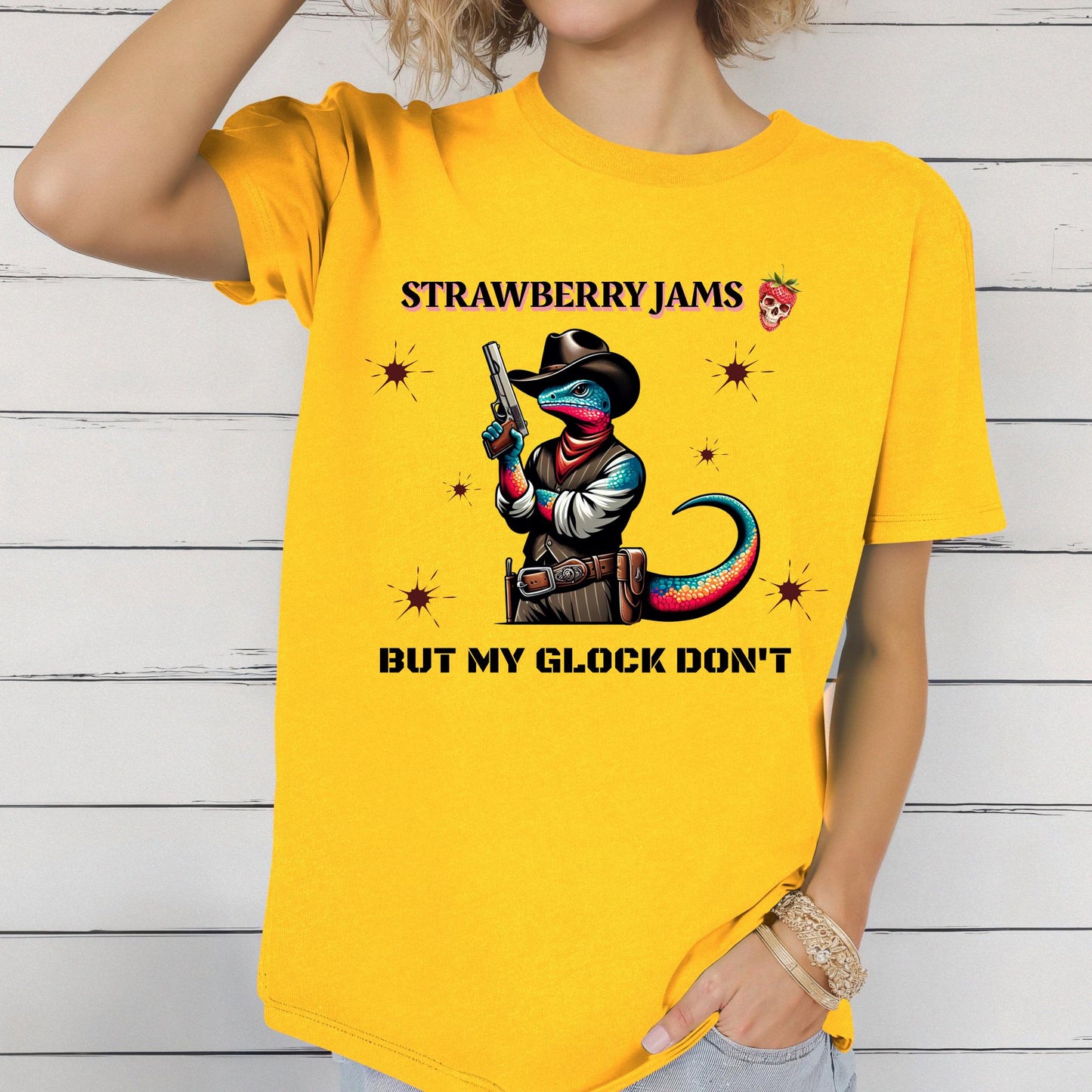 Funny Tee "Strawberry Jams But My Glock Don't", Funny Lizard T-Shirt,  Gildan 64000 Soft Style Tee, Funny Meme Tee, Unique Gift