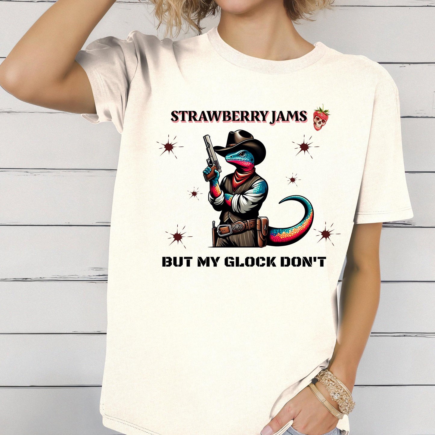 Funny Tee "Strawberry Jams But My Glock Don't", Funny Lizard T-Shirt,  Gildan 64000 Soft Style Tee, Funny Meme Tee, Unique Gift