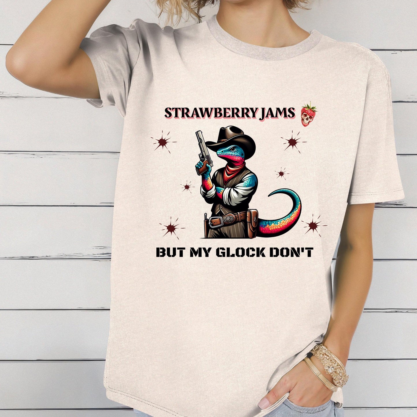 Funny Tee "Strawberry Jams But My Glock Don't", Funny Lizard T-Shirt,  Gildan 64000 Soft Style Tee, Funny Meme Tee, Unique Gift