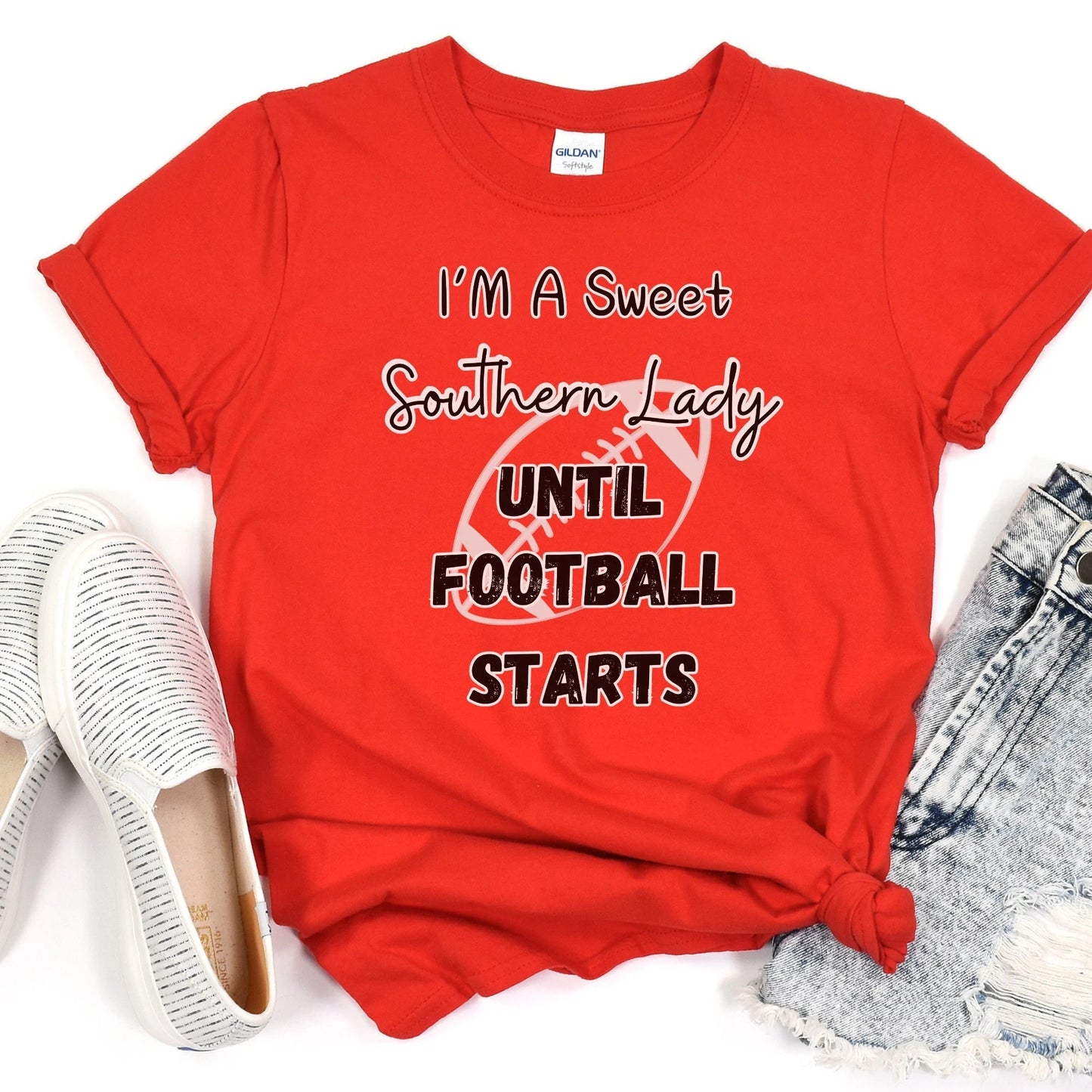 Game Day Ready: Southern Lady Football Fan Shirt for Women "I'm a Sweet Southern Lady Until Football Start", Gildan 64000 Soft Style Tee